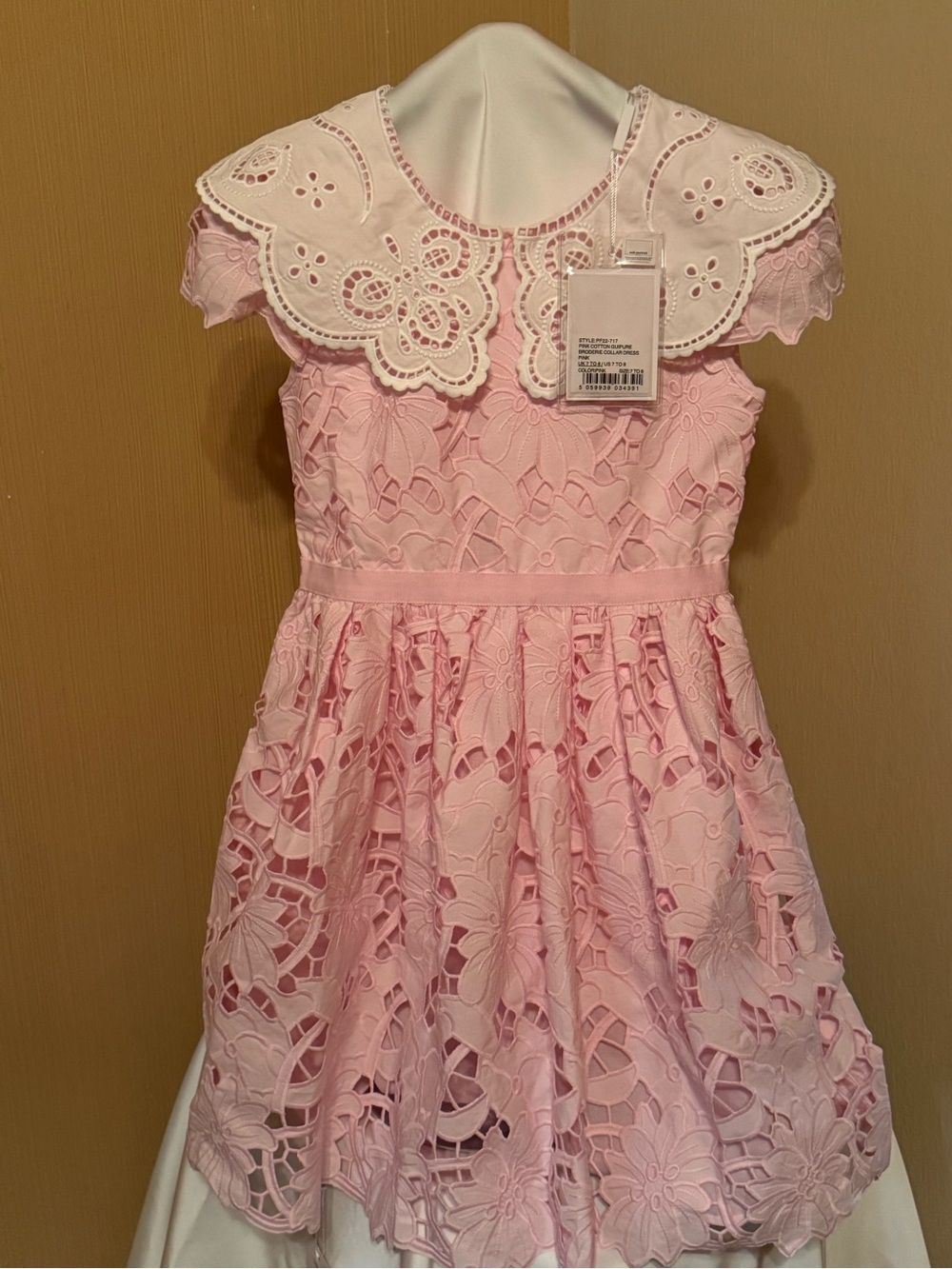 Self-Portrait Pink Cotton Guipure Broderie Collar Dress UK 7-8 US 7-8 NWT